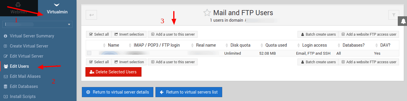 A screenshot that explains how to create a new email account using the Virtualmin control panel