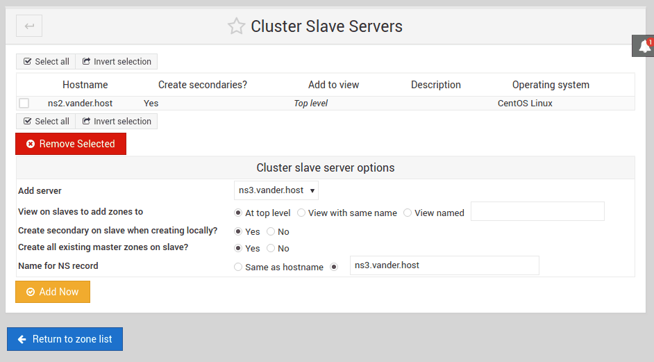 Screenshot that shows how to create cluster / slave name servers in Virtualmin