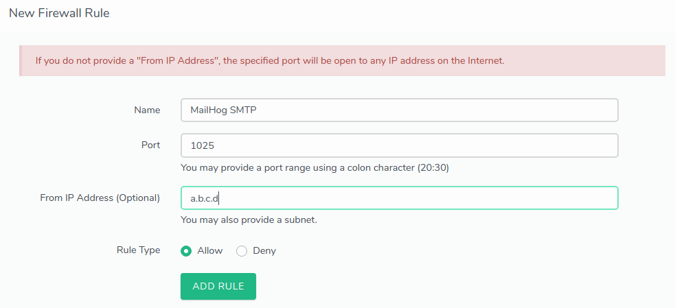 Laravel Forge MaliHog SMTP Firewall Configuration Screenshot