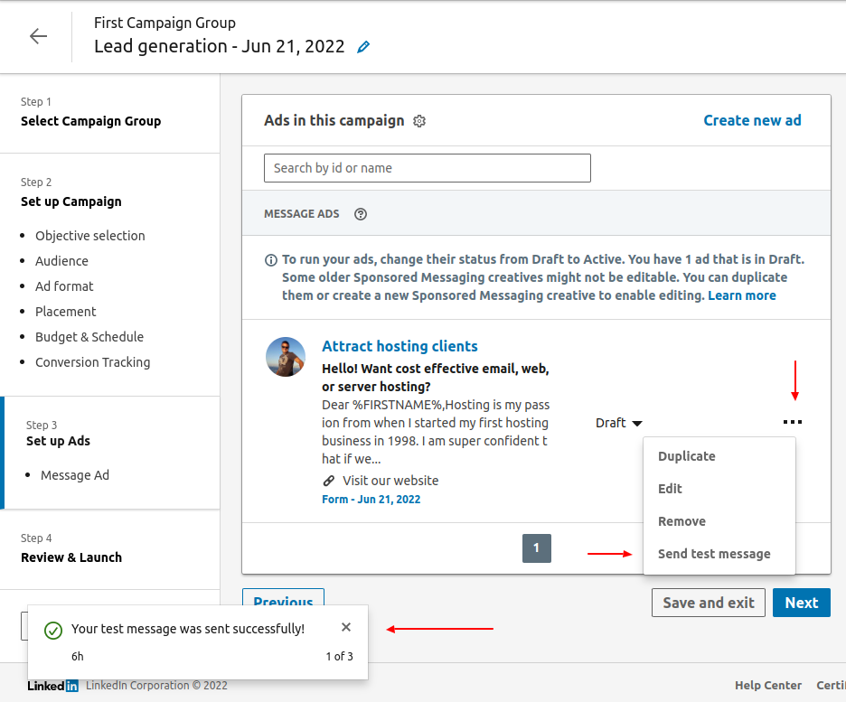 How to send a test message using Linked-In lead generation